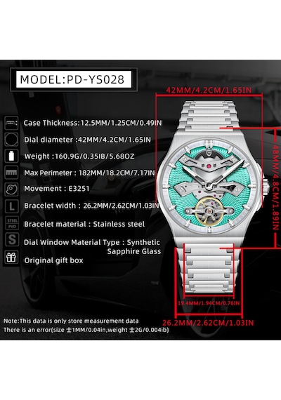 Pd-ys028 42mm 100m Su Geçirmez, İskelet Otomatik Safir Kristal Işıkl Full Çelik Lüks Erkek Kol Saati Gümüş