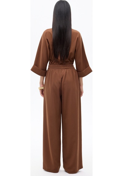 Quzu Beli Lastikli Bol Paça Yüksek Bel Pantolon Kahverengi siyah