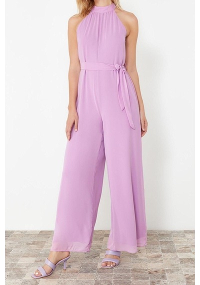 Ersefa Kadın Moda Standart Kol Geniş Paça Halter Yaka Uzun Kuşaklı Maxi Lila