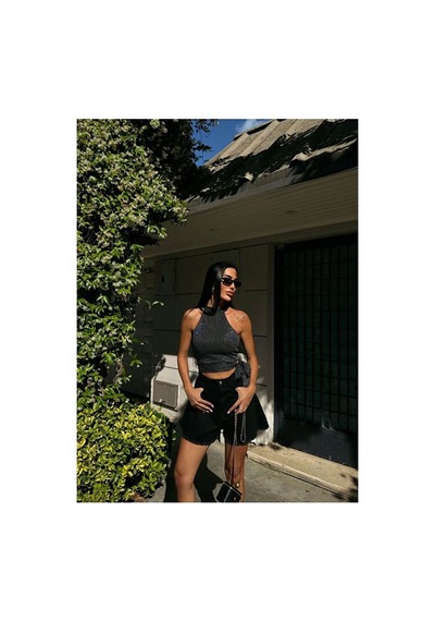 Nido Moda Kadın Çizgili Halter Yaka Bluz - Yan Bağlamalı Simli Crop Top Siyah