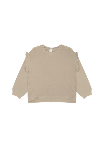 Antebies Organik Gots Sertifikalı Bej Waffle Kumaş, Dantel Detaylı, Uzun Kollu Ribanalı Kız Çocuk Sweatshirtü
