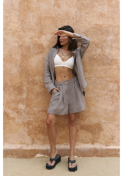 Mai Collection Mai Studios Co. Gaelil Oversize Füme Keten Gömlek Şort Takım Füme
