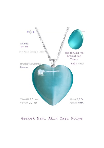 Sertifikalı Kalp Model Açık Mavi Akik Taşı Kolye Gümüş Aparatlı Çok Renkli