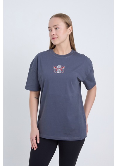 Velvoria Unisex Oversize A True Love Baskılı Antrasit Renk T-shirt