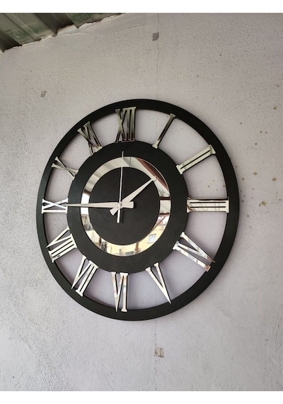 Siyah Renk Gümüş Sayılı Hediyelik Ahşap Dekoratif Ev Hediyelik Duvar Saati 50cm Gümüş