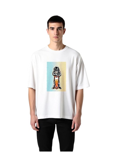 Paybuy Erkek Oversize Tişört Astronot Kaykay Baskısı Bold Line Art Dinam Beyaz