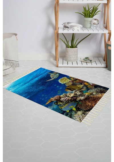 Banyo Halısı Dijital Baskılı Banyo Paspası 50x80 Polyester Kaymaz Tabanlı Duş Paspası Aquarium Beyaz - Siyah