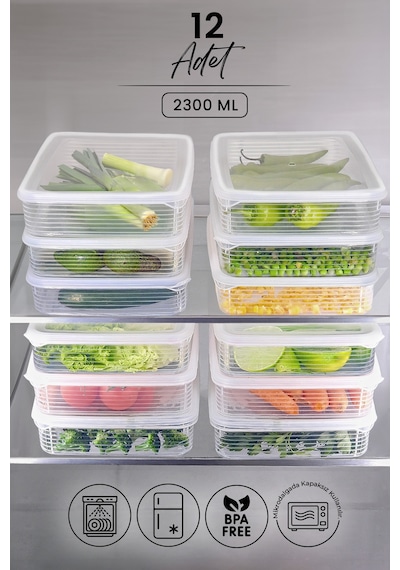 Kitchen Life 12 li 2300 ML Buzdolabı ve Mikrodalga Saklama Kabı - Buzdolabı Organizeri Saklama Kutusu Şeffaf