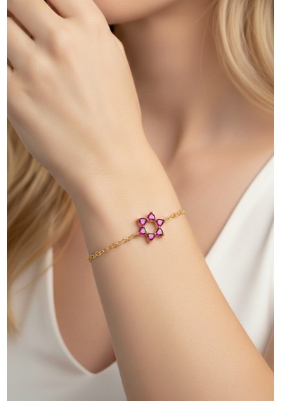 Aşkın Fısıltısı Mekik Zincirli Kalp Bileklik Ruby Taşlı 925 Ayar Gümüş Gold