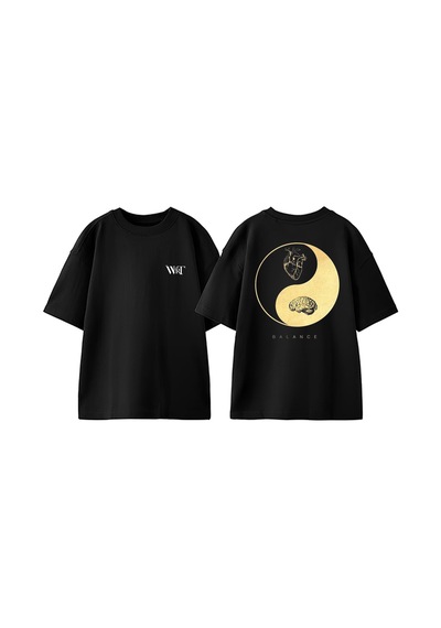 Thewert Balance Kalp Ve Beyin Tasarım Sırt Baskılı Pamuk Siyah Oversize T-shirt