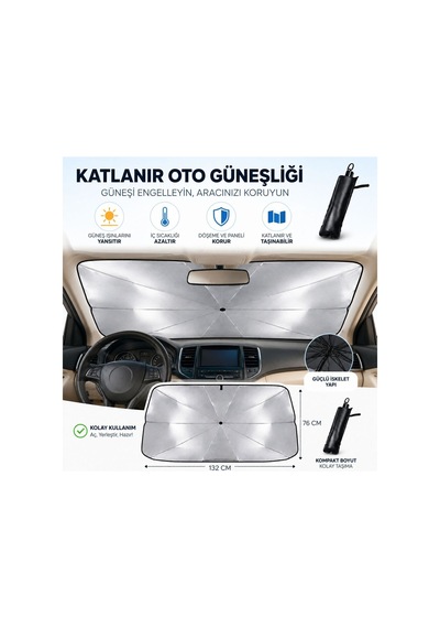 Universal Araç Ön Cam Güneşliği Şemsiye Tipi Katlanabilir Güneş Koruyucu Isı Azaltıcı, Uv Korumalı, Kolay Kurulumlu Oto Güneşlik 132x76 Cm