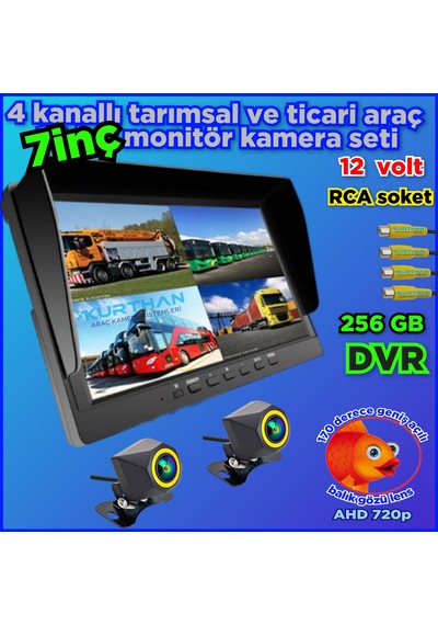2 Adet 4x3 Cm. Ahd 720p 170 Derece Balık Gözü Lens Kamera 7 İnç Ips Qled 256 Gb Dvr Monitör 12 V