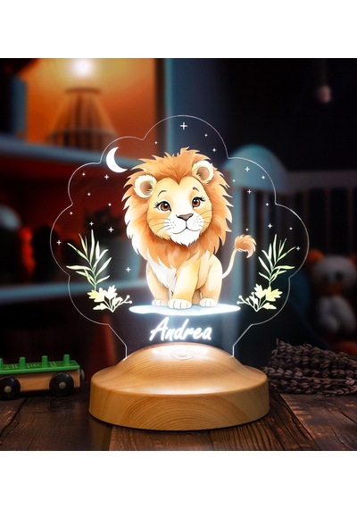 Sevimli Aslan Tasarımlı İsimli Çocuk Odası Gece Lambası, Aslan Bebek Doğum Günü Hediyesi Led Lamba