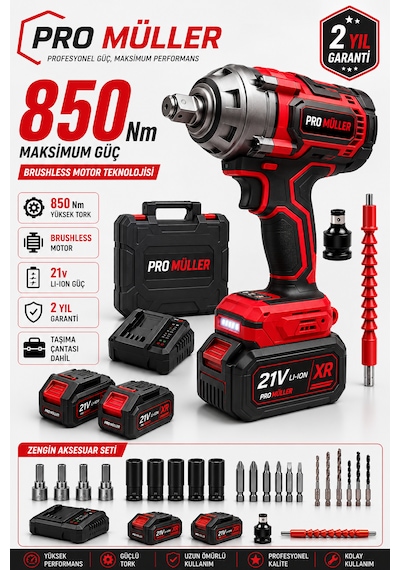 Pro Müller Profesyonel 21v Çift Akülü 850nm Tork Bl Motor Şarjlı Darbeli Somun Sıkma Sökme Makinesi Setli