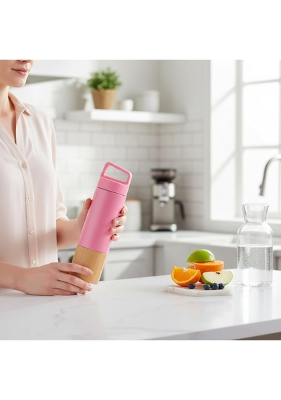 600 Ml Bambu Tabanlı Kulplu Çelik Termos Mug - 5 Renk Seçenekli Sıcak/soğuk Tutucu Seyahat Bardağı Pembe Çok Renkli