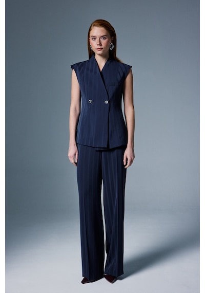 Sateen Anna Çizgili Pantolon - Lacivert-137094 Lacivert