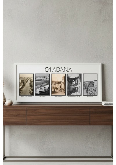 Adana Nostalji Tablosu Siyah Beyaz Eski Adana Fotoğrafları Çerçeveli Uv Baskı Mdf 25x60 Cm