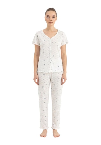 Seamlife Kadın %100 Pamuk Kalp Desenli Önü Düğmeli Kısa Kollu Pijama Takımı 18121787 Beyaz Seamlife Kadın %100 Pamuk Kalp Desenli Önü Düğmeli Kısa Kollu Pijama Takımı 18121787 Beyaz
