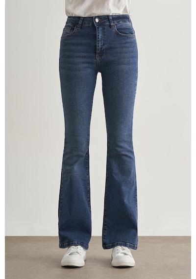 Mizalle Skinny Fit Flare Paça Koyu Mavi Denim Pantolon Mavi