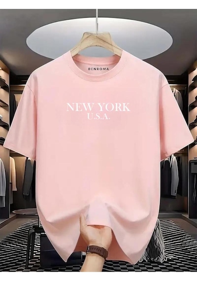 New York Usa Baskılı Oversize Tişört Pembe