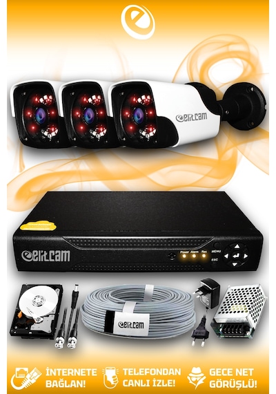 Elitcam 3 Kameralı Panda 3 Dış Kamera Set 1 TB HDD Full HD Gece Görüşlü Güvenlik Kamerası Sistemi