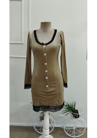 Bhrwear Kadın Uzun Kollu V Dantel Yakalı Önden Düğmeli Kısa Kadife Elbise Renkli