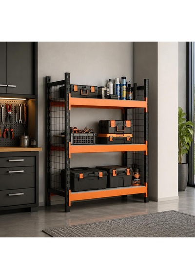 3 Katlı Tel Kafesli Dekoratif Midi Rack - Ekonomik Depo,arşiv, Kiler Rafı Siyah-turuncu-46x120 Cm-150 Cm Çok Renkli