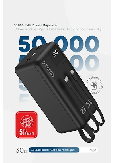 50.000 Mah Dijital Göstergeli Dahili Çoklu Kablolu Powerbank Süper Hızlı Şarj Taşınabilir Şarj Siyah