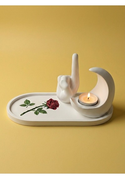 Gül Desenli, Tevhid Eli Biblo Ve Hilal Mumluk Seti Tealight Mum Hediyeli İslami Ev Hediyesi Dekoratif