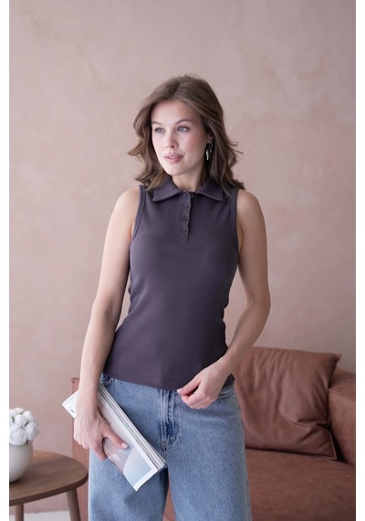 Park Karon Polo Yaka Kolsuz Basic T-shirt Füme