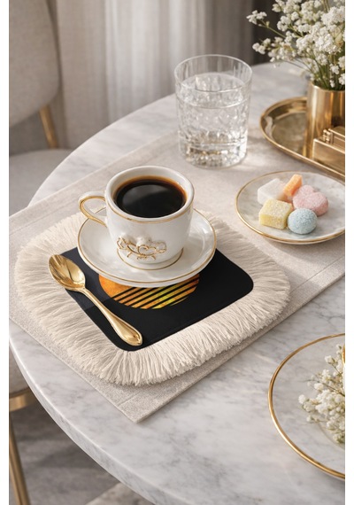 Lüks Güneş Siluetli Saçaklı Sunum Peçetesi - Minimalist Modern Gece Siyah Bardak Altlığı Mendil Soft Kumlu Nar