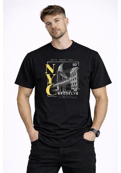 Herkesemoda Nyc Brooklyn Detaylı Basic T-shirt Siyah
