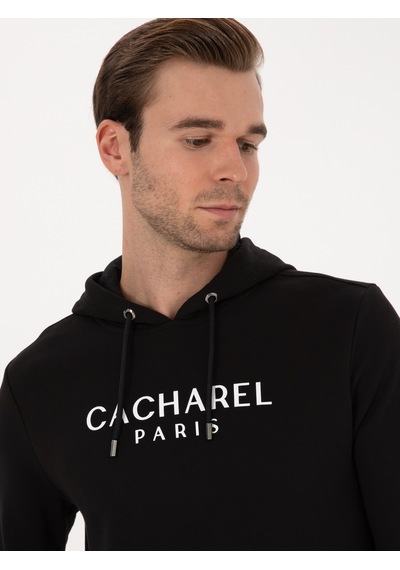 Siyah Regular Fit %100 Pamuk Kapüşonlu Sweatshirt