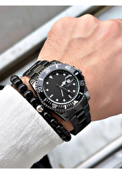 Özel Seri Lüks Metal Kordon Takvimli Erkek Kol Saati-bileklik Hediyeli Siyah