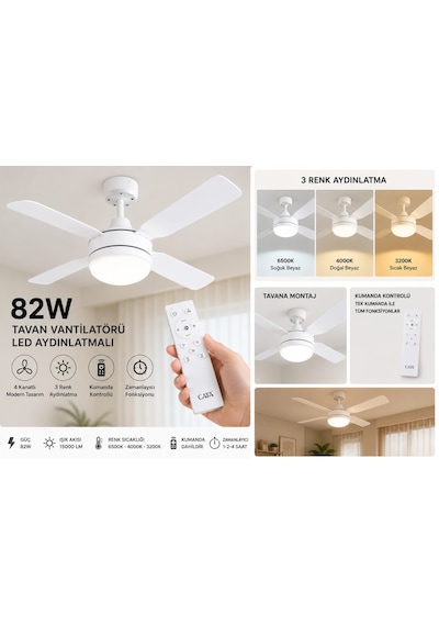 82w Led Fanlı Pervaneli Ampul Kumandalı 3 Renkli Tavan Lambası -
