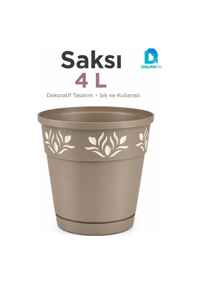 4 Litre Dekoratif Alt Tabaklı Plastik Saksı 20x20x20 Cm Çiçek Motifli Karışık Renk