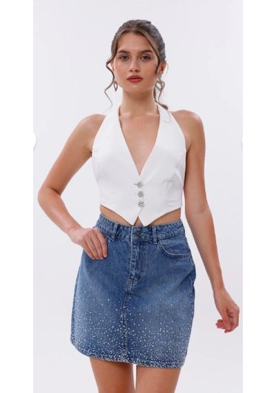 Eseclass Kadın Mavi Yüksek Bel Taş İşlemeli Denim Mini Etek - Işıltılı Kot Etek