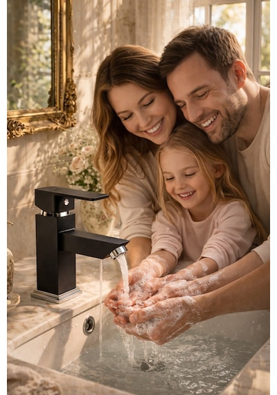 Viosa Mat Siyah Lavabo Bataryası Modern Kare Tasarım Banyo Musluğu Sıcak Soğuk Ayarlı Çift Su Girişli