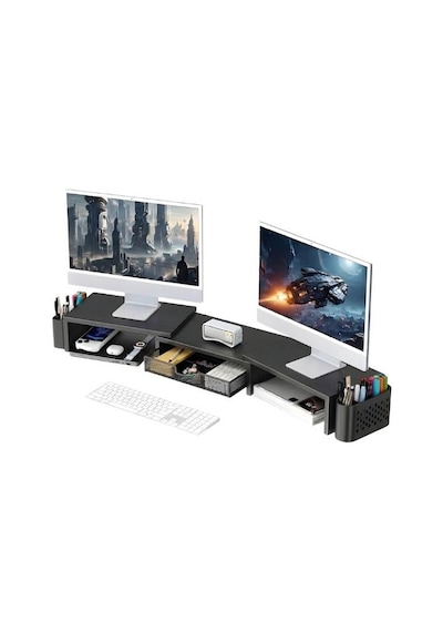 Siyah Çift Monitör Yükseltici Stand Çekmeceli Masaüstü Organizer 9216