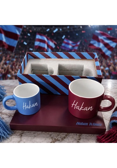 Bk Gift Kişiye Özel İsimli Kutulu Bordo Mavi Taraftar Renkleri Temalı İkili Seramik Kupa&fincan Seti-2 Çok Renkli