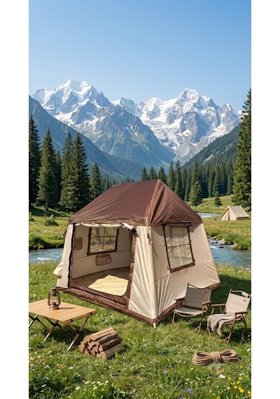 Shufa 260 220 200 Cm Otomatik Şişme Kamp Çadırı, Yağmur Brandası Ve 330 270 Cm Bağlantılı Gölgelik Dahil, 2 Büyük Şeffaf Tavan Pencereli, Aile Outdoor Kamp Çadırı Bej