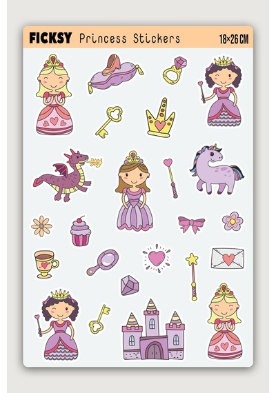 Sevimli Doodle Stili Unicorn Prenses Sticker Seti - 24 Adet Etiket Çıkartma Diğer