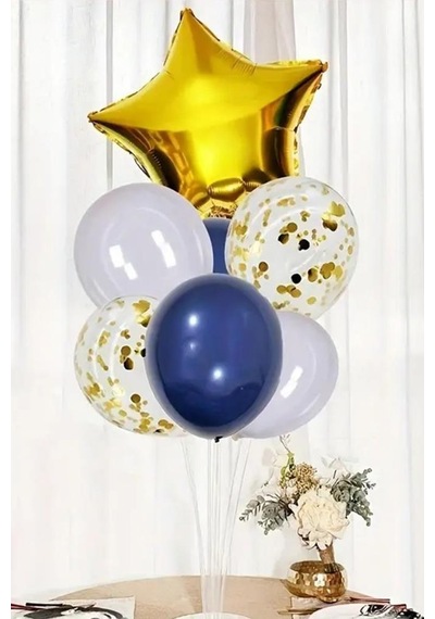 Beysüs Gold Yıldız Gece Mavisi Beyaz Şeffaf Konfetili Balon Seti Standart