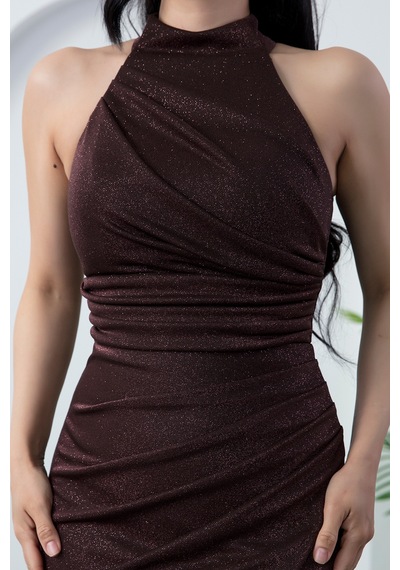 Kalopya Halter Yaka Yırtmaçlı Simli Elbise Drp0013 Kahve