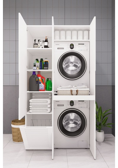 Mdf Çamaşır Makinesi Ve Kurutma Makinesi Dolabı Lake Sepetli Kapaklı Beyaz