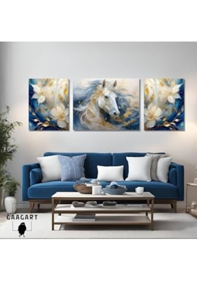 3lü Kanvas Şık Salon Duvar Tablosu Modern Soyut Mavi Beyaz At, 30 X 40 -