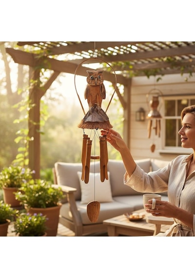 El Yapımı Doğal Ahşap & Coconut Baykuş Tasarımlı Rüzgar Çanı 90cm Balkon Bahçe Dekoru Hediyelik Ürün 60 Cm