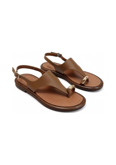 Ne&ve Shoes Taba Hakiki Deri Aksesuar Detaylı Parmak Arası Kadın Arkadan Tokalı Sandalet