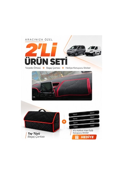 E-biz Toyota Proace Cıty 2020-2026 Uyumlu Torpido Örtüsü + Tay Tüyü Çanta - Siyah-kırmızı - To021