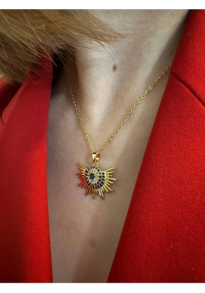Gold Renk Zirkon Taş Ve Nazar Detaylı Kolye Altin